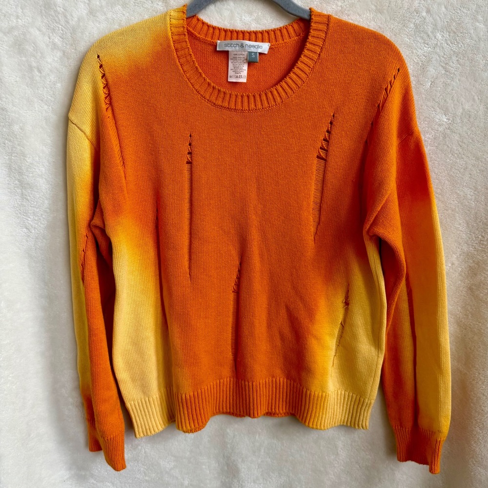 Stitch & Needle Womens Orange Yellow Ombre Distressed Cotton Sweater Size S